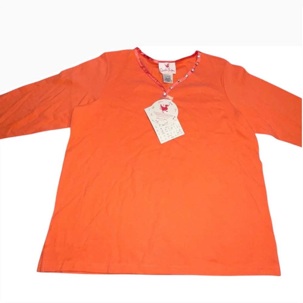 New Quaker Factory Orange‎ Cotton V Neck 3/4 Sleeve Top Womens XL Embellished